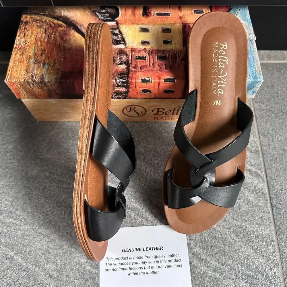 NWB Bella Vita Dov-Italy Black Leather Slide Sandals Women's Size 7 Open toe - Picture 4 of 13